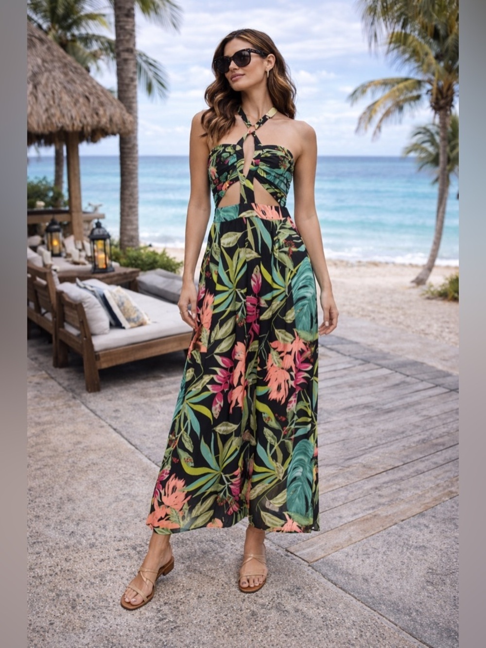 PatBO Tropical Halter Cutout Backless Maxi Jumpsuit Size 2 Resort